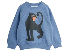 Blå-meleret Mini Rodini sweatshirt med sort pantermotiv foran 1100029960 blue